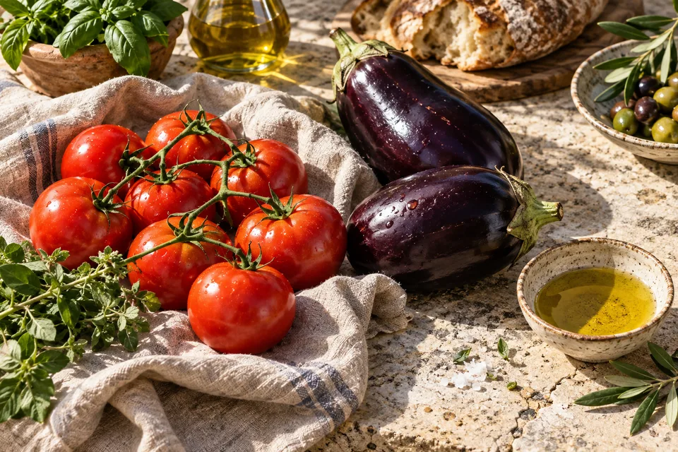 Ντομάτες, μελιτζάνες και ελαιόλαδο πάνω σε πέτρινο πάγκο.