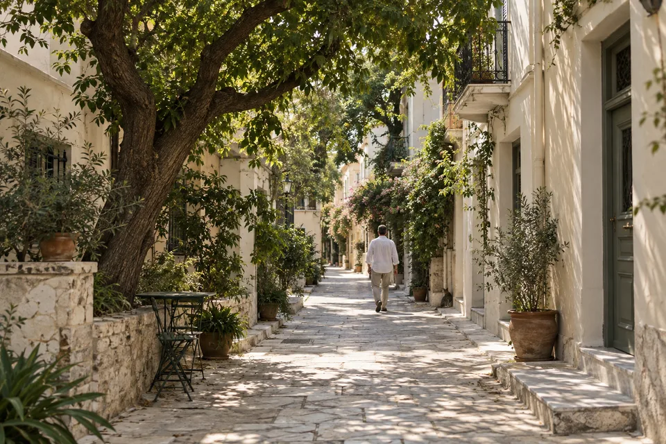 Πρωινό φως και σκιά δέντρων σε ήσυχο πεζόδρομο.